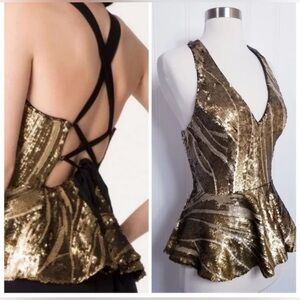 Vintage Y2K Gold Sequin Peplum V-Neck Halter Top with Lace-Up Back